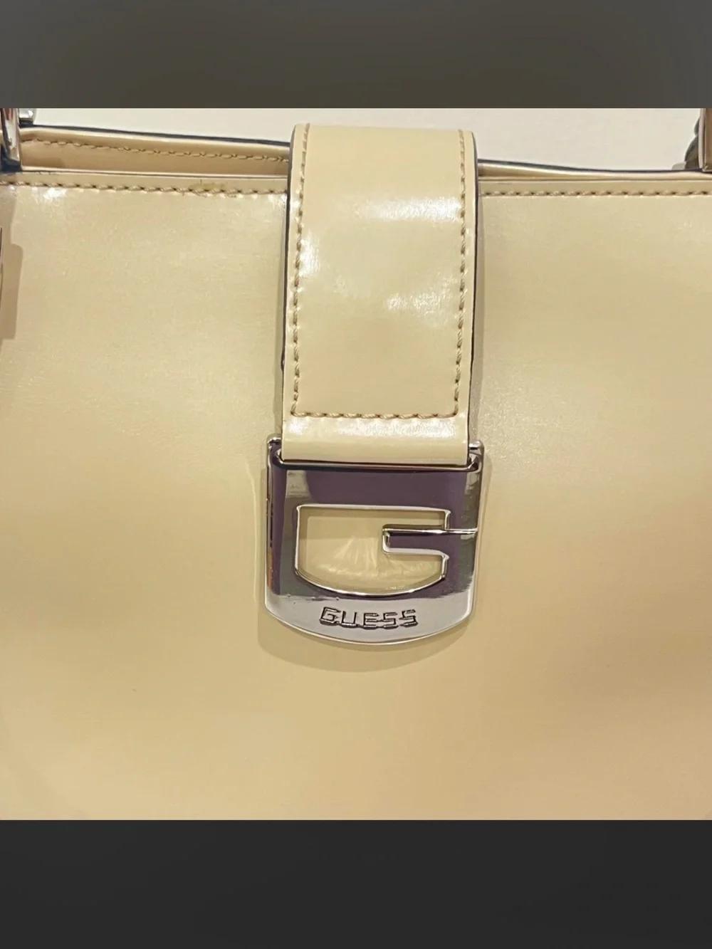 Guess Beige Patent Leather Satchel with Silver Hardware